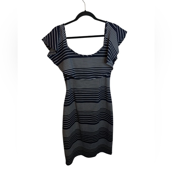 Romeo & Juliet Couture Navy Blue Striped Off the Shoulder Dress - Picture 4 of 7